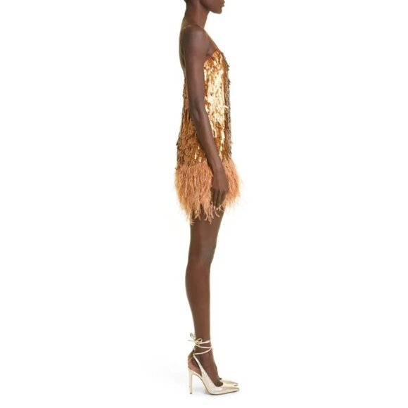 NWT Johanna Ortiz Chemical Attraction Metallic Feather Trim Minidress Gold Sz 10 - Picture 4 of 15
